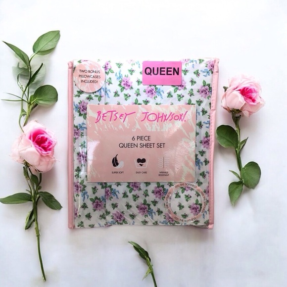 6pc Betsy Johnson Flowers & Bows Purple Print Shabby Chic Queen Sheet Set - Picture 2 of 5